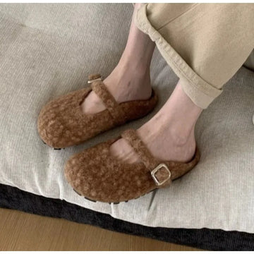 Xajzpa Big Size 43 Women Lambswool Slippers Winter Sheep Fur Shoes Ladies Flat Cotton Slides Home Pantuflas Daily Slip On Furry Mules